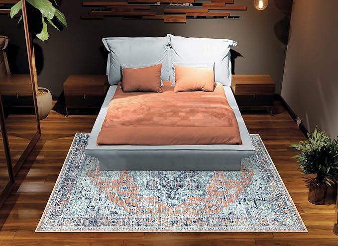 Bloom Rugs Washable Non-Slip 4' x 6' Rug - Peach/Blue Traditional Area Rug for Living Room, Bedroom, Dining Room, and Kitchen - Exact Size: 4' x 6'