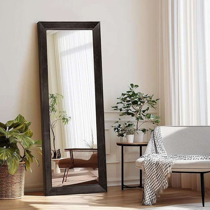 Full Length Mirror 58"x22" - Beveled Edge Rustic Black Dressing Mirror, Solid Wood Frame, Wall Mounted or Leaning for Bedroom, Entryway, Living Room