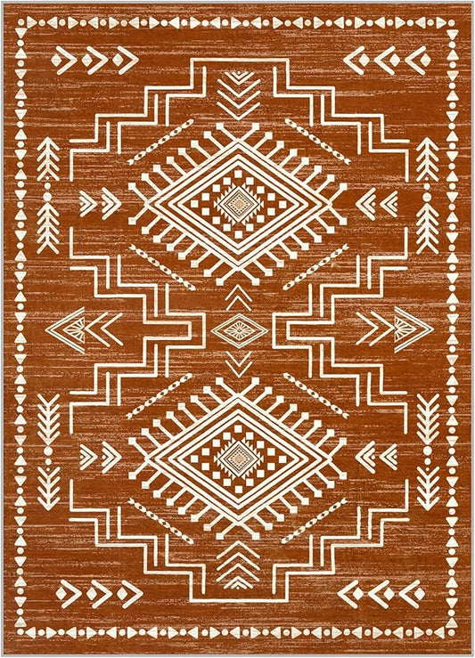 Joydeco Moroccan Washable 8x10 Rugs for Living Room, Western Burnt Orange Large Area Rug for Bedroom Dining Room, Soft Stain Resistant Aztec Carpet Fall Rug for Guestroom Office Playroom