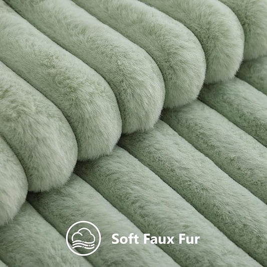 decorUhome Summer Cozy Faux Fur Throw Pillow Covers 26x26 Set of 2 Decorative Plush Striped Modern Farmhouse Boho Couch Euro Sham Pillow Cases with Velvet Back for Sofa Bed Living Room, Sage Green