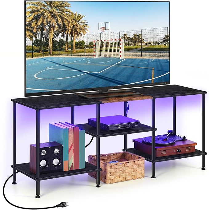 LED TV Stand for Bedroom Black 50 Inch TV Stand with Power Outlet, 3 Tier Small Entertainment Center with Storage Farmhouse TV Media Console Table for 50 43 40 32 Inch TV