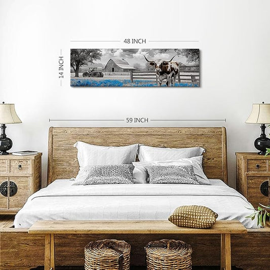 Highland Cow Wall Art Country Barn Truck Pictures for Living Room Western Wall Decor Meadow Scenery Canvas Painting Black and White Poster Prints Artwork Farmhouse Kitchen Decorations 14x48"