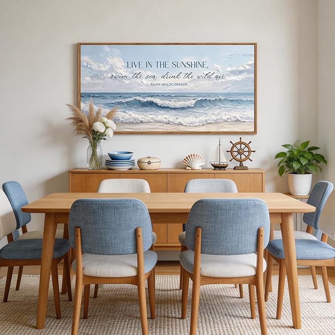 Aurlan Live In The Sunshine Swim The Sea Drink The Wild Air Framed Wall Art(40"x20"), 3D Textured Blue White Coastal Ocean Waves Canvas Artwork, Large Ralph Waldo Emerson Quotes Painting Decor for Home Office Living Room Bedroom