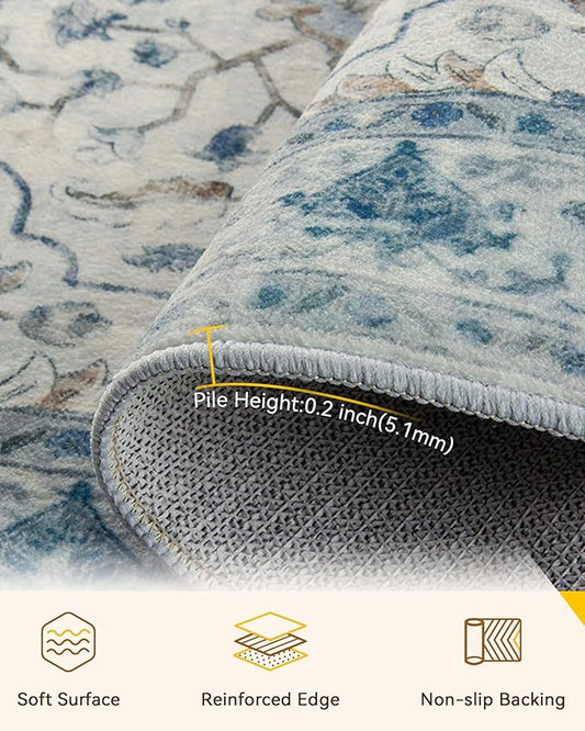 RELEANY Area Rugs 3'x5' Washable Non-Slip, Floral Vintage Distress Print Pattern Medallion Carpet for Living Room Bedroom Dining Room, Light Blue Navy Beige Gray White