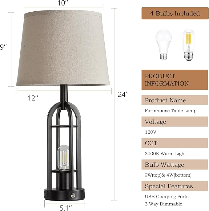 SRJJA 24" Table Lamps for Living Room Set of 2, Farmhouse Industrial 3-Way Dimmable Touch Bedside Lamps with USB A+C for Bedroom Nightstand,4 Bulbs Included