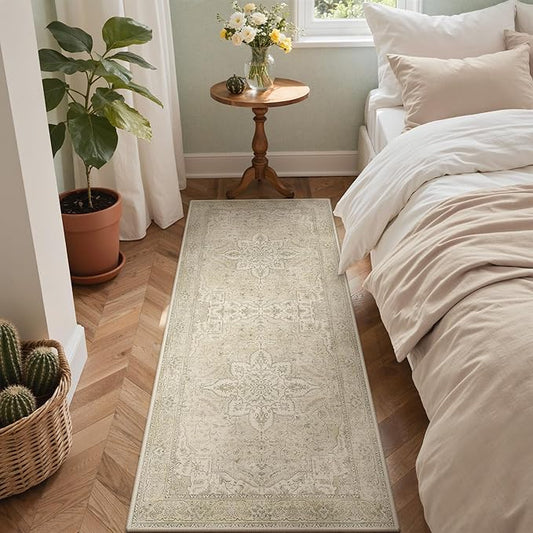 GENIMO 2X5 Washable Vintage Runner Rug for Hallway, Non-Slip Low Pile Chenille Print Rug, Soft Rugs for Indoor Entryway Kitchen Corridor, Linen & Taupe