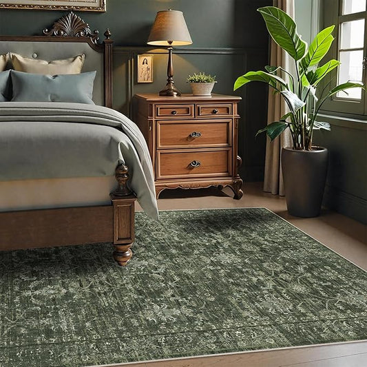 3x5 Washable Area Rugs for Living Room, Vintage Boho Large Rug for Bedroom Dining Room Office, Distressed Floral Print Carpet for Under Table, Soft Non Slip Low Pile Throw Carpet Indoor Mat, Green