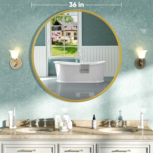 NEWBULIG Round Wall Mirror, 36 Inch Bathroom Mirrors for Over Sink, Wall Vanity Circle Mirror with Matte Metal Framed, Decor for Bathroom, Entryway, Bedroom, Gold