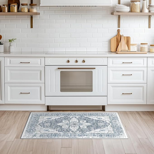 BESTSWEETIE 2x3 Area Rug Washable Rugs for Living Room, No Pile Boho Carpet for Entryway Bedroom Dinning Room, Vintage Carpet Print Distressed Non-Slip, 2 x 3 ft, Blue Grey White