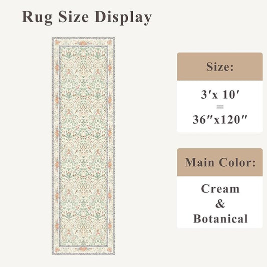Botanical Hallway Runner Rug 3x10 Ft – Non-Slip Washable Long Kitchen Runner, Low-Pile Thin Vintage Florals Floor Rug for Indoor Entryway, Bedroom, Living Room (Cream)