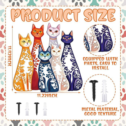 Wesiti Cat Wall Art Decor Iron Wall Sculptures Decor for Cats Lover 11.42 x 11.22 Inches Colorful Mid Century Cat Retro Signs for Home Living Room Bedroom Kitchen Office