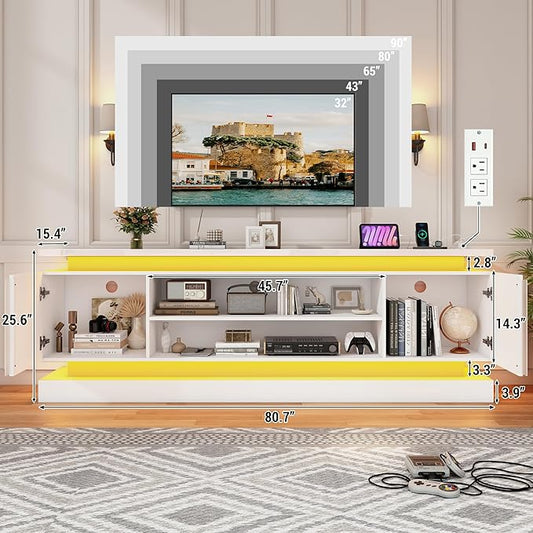 St.Mandyu 81" 2 LED TV Stand for TVs 90/85 inch,High Gloss Gaming Tall Entertainment Center w/Power Outlet,6000-Colors LED Lights,Modern TV Media Console Table with 2 Cabinets for Living Room,White