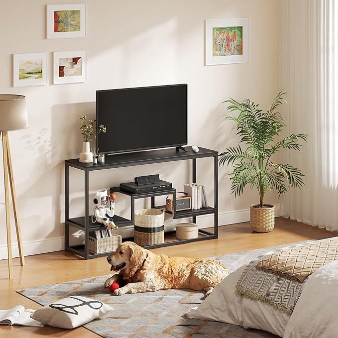YOUDENOVA TV Stand for TVs up to 55 Inch, TV Console Table with 3-Tier Open Storage Shelves, Modern Industrial Entertainment Center for Living Room, Bedroom, Black