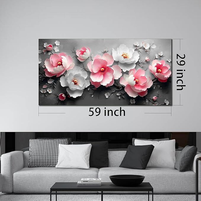 HUBOSKN Flower Canvas Wall Art for Living Room - Pink and White Room Decor for Women - Girls Bedroom Wall Decor Size 29" x 59"