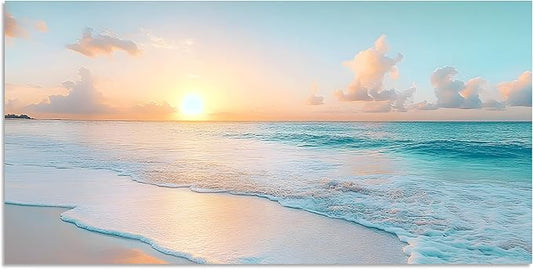 TutuBeer Beach Pictures Wall Art Beach Canvas Wall Art White Ocean at Sunrise Print on Canvas Seascape Paintings Coastal Picture Framed Artwork for Bathroom Living Room Office Home Decor 8" x 16"