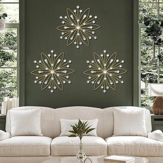 ZEXUIRU 3 Pack Gold Sunburst Wall Decor – Metal Crystal Wall Art with Sparkling Rhinestones, 14’’/18 Inch Starburst Wall Hanging Set for Living Room Bedroom Bathroom – Modern Bling Home Decorations