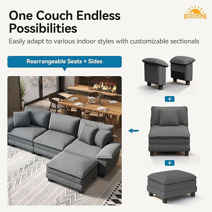 SUNSHINE VALLEY 53.5'' Oversized Accent Chair, Corduroy Single Seat Modular Sofa Chair with Wider Armrest and Pillow, Modern Cloud Deep Seat Armchair for Bedroom Living Room, Grey