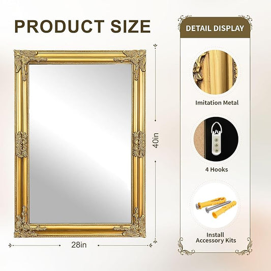 Vintage Gold Mirror for Wall, 28"x40" Antique Decorative Ornate Baroque Mirror for Living Room, Entryway, Bathroom, Fireplace