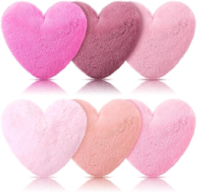 Liliful 6 Pcs Faux Rabbit Fur Heart Pillows Fluffy Heart Throw Pillows Cute Couch Cushion Soft Decorative Throw Cushion for Bed Sofa Girls Women(12 x 11 Inch,Pink Series)