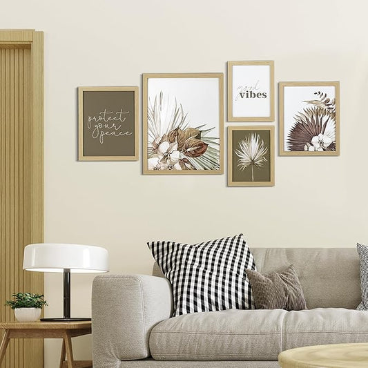 ArtbyHannah Gallery Wall Frame Set, 5 Piece Neutral Picture Frames Collage Set with Art Prints for Stairway Living Room Wall Decor, Multi-Size 11''x14'' 8''x10'' 6''x8''