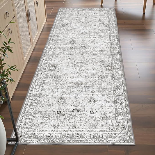 Grey Runner Rug for Hallways Kitchen 2x6, Non Slip Washable Rug with Rubber Backing Soft Floral Carpet Runner for Hallways, Kitchen, Laundry, Bedroom, Bathroom