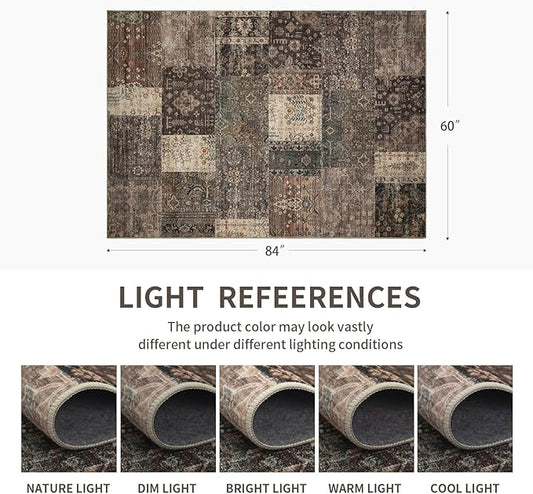 Vintage Washable Area Rug for Living Room,Low Pile 8x10 Non Slip Carpet Non-Shedding Area Rug Soft Indoor Stain Resistant Rug Floral Print Mat for Bedroom Dining Room 084-Brown