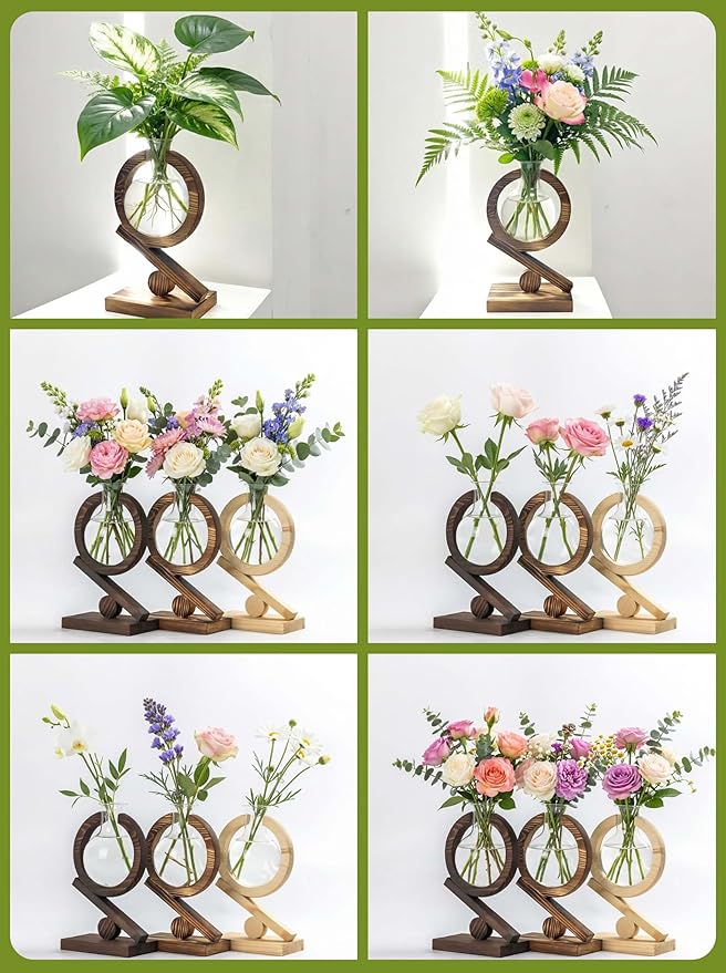 Glass Plant Propagation Station with Wooden Stand and Air Planter Bulb Vase, Birthday Gifts for Home Office Garden Boho Desk Decor (Light Burnt Wood)