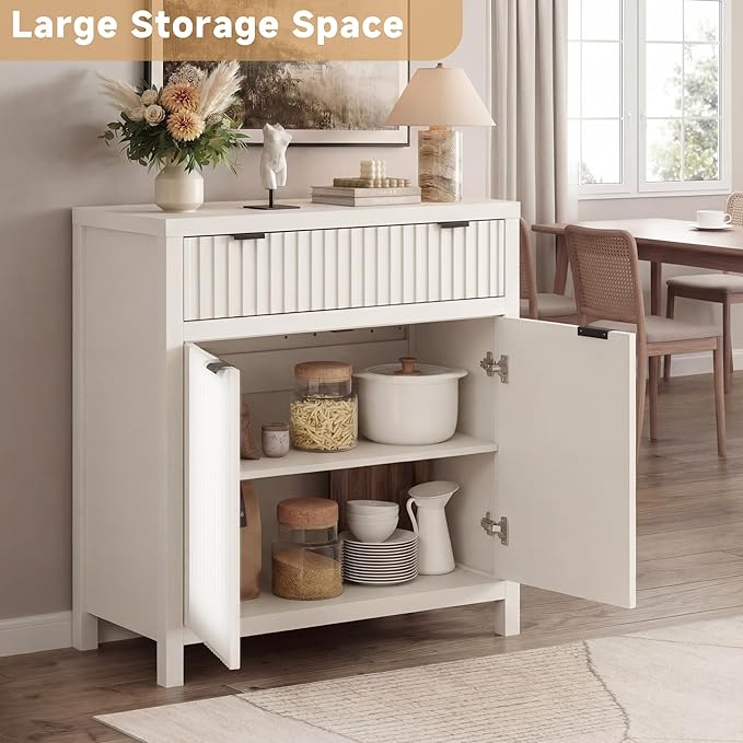 Fatmok Fluted Buffet Cabinet with Storage Set of 3, 34" Tall Modern Arched Sideboard Cabinet w/AdjustableShelves,Wooden Modular Coffee Bar for Kitchen, Living Room, Entryway, White