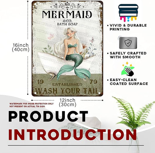 Mermaid Bathroom Decor Tin Sign Metal Wall Art for Seaside Bath & Shower Waterproof 12x16 Inch