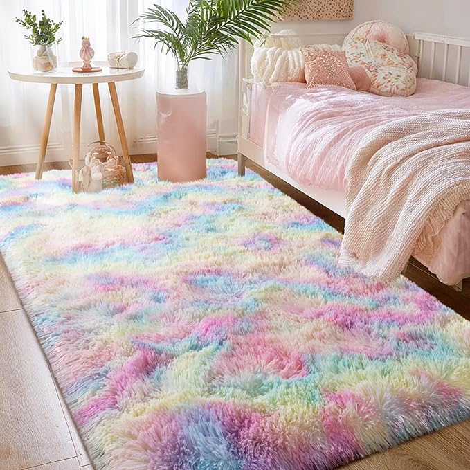 qulint 3x5 Area Rug for Bedroom, Fluffy Soft Nursery Rug for Girls Small Fuzzy Plush Colorful Rugs, Shaggy Carpet for Kids Room Dorm Living Room Home Decor (3ft x 5ft, Rainbow)