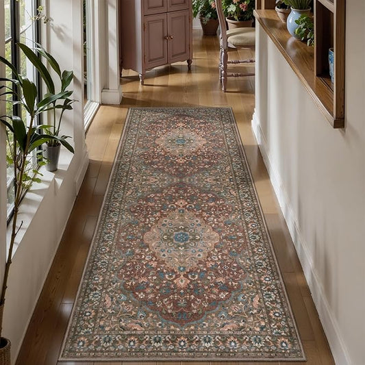 Tangsoo Vintage 2x6 Washable Runner Rug for Hallways,Red Brown Non-Slip Low Pile Long Rug Runner,Floral Soft Indoor Carpet Runner for Kitchen Bedroom Entryway Laundry