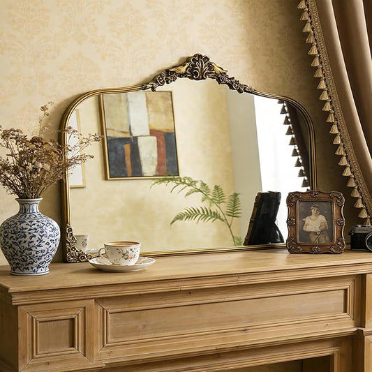 Antique Baroque Vintage Vanity Mirror 25x36Inch, Gold with Ornate Antique Frame, Arched Vintage Wall Mirror for Living Room, Fireplace, Entryway