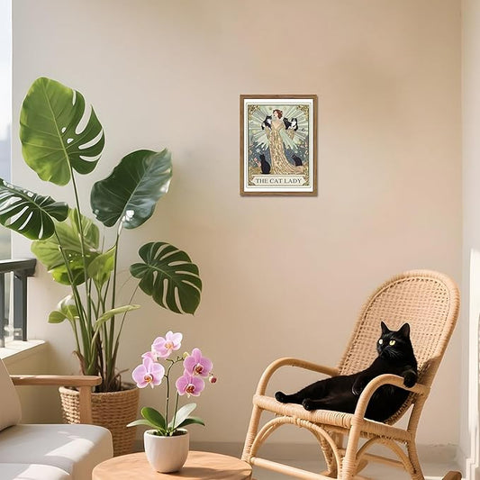Framed Black Cat Wall Art, Vintage The Cat Lady Tarot Canvas Wall Decor Paintings, Funny Cute Woman Animal Poster Prints Picture Artwork for Bedroom Living Room 16x24 Inch