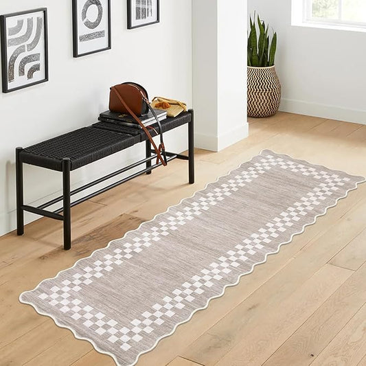 Rug Runners for Hallways 2x8 Washable Kitchen Runner Rug Non Slip Low Pile Bedside Throw Carpet Modern Bordered Bathroom Runners Checkered Area Rug for Living Room Bedroom Entryway Nursery, Fog