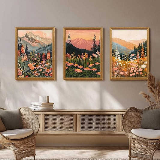 ICHZUMW Framed Boho Abstract Landscape Mountain and Floral Canvas Wall Art Set of 3, Colorful Nature Botanical Paintings Artwork, Large Wildflower Wall Decor for Living Room Bedroom Office, 12x16in