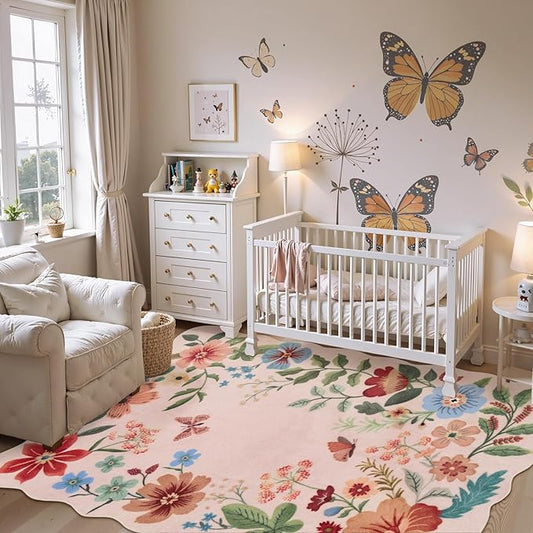Lahome Floral Washable Rugs, 4X6 Pink Rugs for Bedroom Girls Ultra-Thin Soft Living Room Rug, Non-Slip Stain Resistant Boho Throw Carpet for Nursery Office Flore, Light Pink