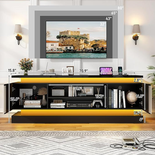 St.Mandyu 71" 2 LED TV Stand for TVs 85 inch,High Gloss Gaming Tall Entertainment Center w/Power Outlet,6000-Colors LED Lights,Modern TV Media Console Table with 2 Cabinets for Living Room,Black