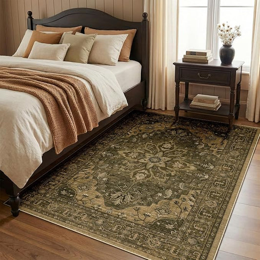 RELEANY Area Rugs 4'x6' Washable Non-Slip, Floral Vintage Distress Print Pattern Medallion Carpet for Living Room Bedroom Dining Room, Brown Dark Brown
