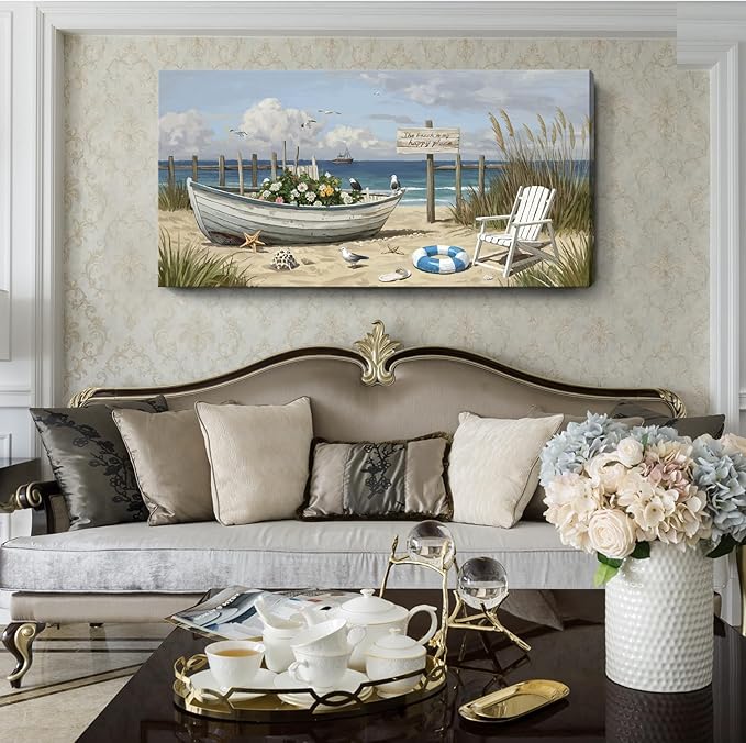 Large Seaside Wall Art, Modern Natural Canvas Wall Decor. Floral Coastal Boat Landscape Print Picture, Romantic Coastal Artwork For Living Room, Bedroom, Bathroom, Kitchen, And Study. 48X24 Inches.