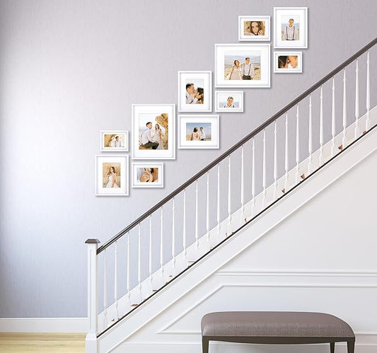 VELISTA 11 Piece Stair Picture Frame Set for Wall – Shadow Box Stairwell Gallery Wall Frame Set -Stairway Décor for Walls - Ladder Picture Frames 4x6, 5x7, and 8x10 in - Staircase Wall Décor (White)