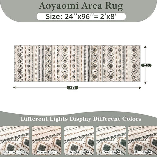 Runner Rug 2x8 Boho Geometric Area Rugs: Washable Kitchen Rug, Soft Non Slip Moroccan Long Hallway Rugs for Bedroom Bathroom Laundry Entryway Staircase Foyer(Brown Green,2'x8')