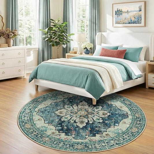 RELEANY Area Rugs Round 7ft Washable Non-Slip, Floral Vintage Distress Print Pattern Medallion Carpet for Living Room Bedroom Dining Room, Dark Blue Vintage