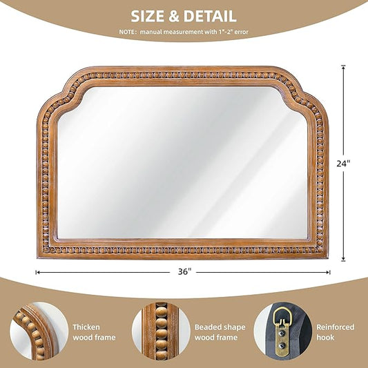 36x24 Inch Farmhouse Arch Wall Mirror, Wood Beaded Framed Decorative Mirrors for Living Room, Bedroom, Vanity, Bathroom, Entryway