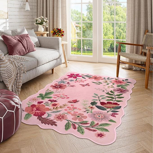 Lahome Floral Washable Rugs, 4X6 Pink Rugs for Bedroom Girls Ultra-Thin Soft Living Room Rug, Non-Slip Stain Resistant Boho Low-Pile Throw Carpet for Nursery Office Flore (4x6ft, Pink)