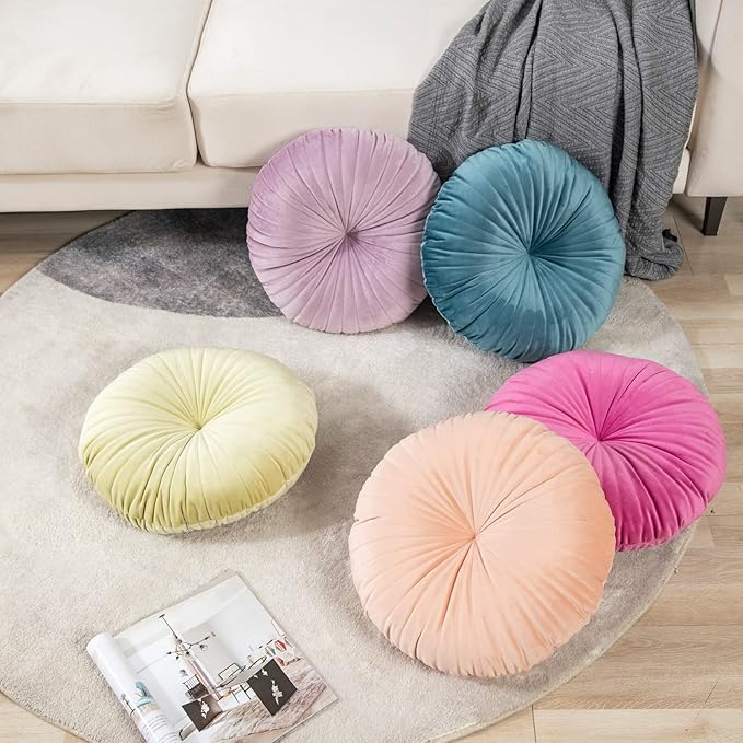 HLOVME Round Pillow Cushion for Couch Velvet Decorative Small Throw Pillow Solid Color for Living Room Bed Floor 15.7”, Hot Pink