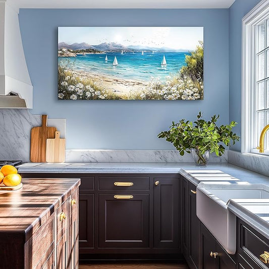 SERIMINO Coastal Landscape Large Wall Art, Beach Daisy Canvas Art Prints, Bay Sailboat Artwork for Walls, Nature Ocean Scenery Paintings Wall Decor Living Room Bedroom, Rustic Home Decor 24"X48"