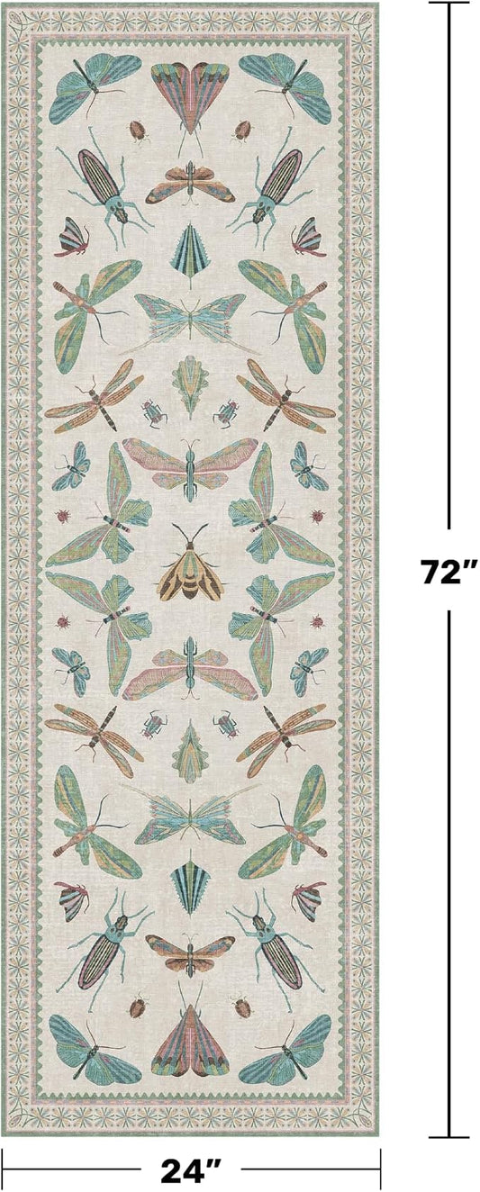 Hazo Haus Boho Bathroom Runners - 2x6 Blue and Green Rug for Kitchen, Entry Way, Non Slip Washable Butterfly Insect Print Home Decor