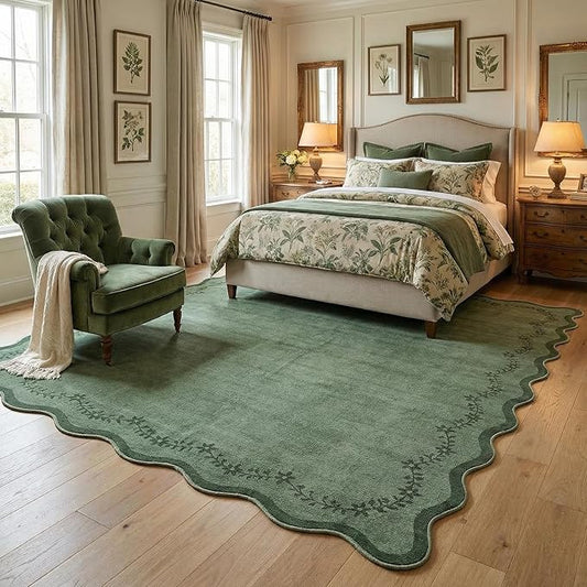 GarveeHome 6x9 Scalloped Area Rug Green Washable Rugs for Living Room Bedroom, Soft Low Pile Non Slip Accent Floor Mat Solid Floral Print Throw Rug Farmhouse Indoor Carpet for Dorm Playroom