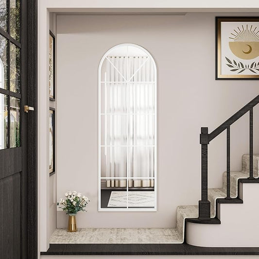 OGCAU Full Length Arched Floor Mirror, 65"x22" Window Pane Design, Decorative Hanging or Leaning, Full Body with Iron Frame for Bedroom Living Room (White)