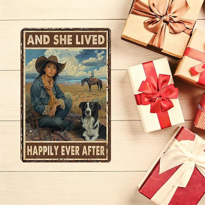 Cowgirl Metal Tin Signs and She Lived Happily Ever After Decorative Poster Wall Art Decoration for Home Bar Club Coffee shop 16x12 Inch
